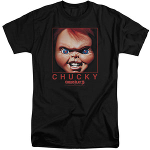 AN OFFCIALLY LICENSED CHILDS PLAY CHUCKY SQUARED MEN'S TALL FIT T-SHIRT BLACK