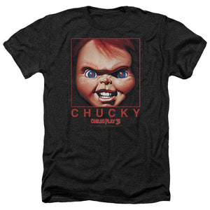 AN OFFCIALLY LICENSED CHILDS PLAY CHUCKY SQUARED MEN'S HEATHER T-SHIRT CHARCOAL