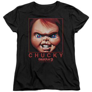AN OFFCIALLY LICENSED CHILDS PLAY CHUCKY SQUARED WOMEN'S REGULAR FIT T-SHIRT BLACK