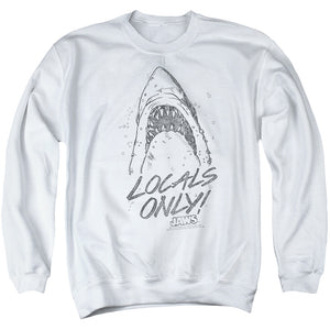 AN OFFCIALLY LICENSED JAWS LOCALS ONLY ADULT UNISEX CREWNECK SWEATSHIRT WHITE