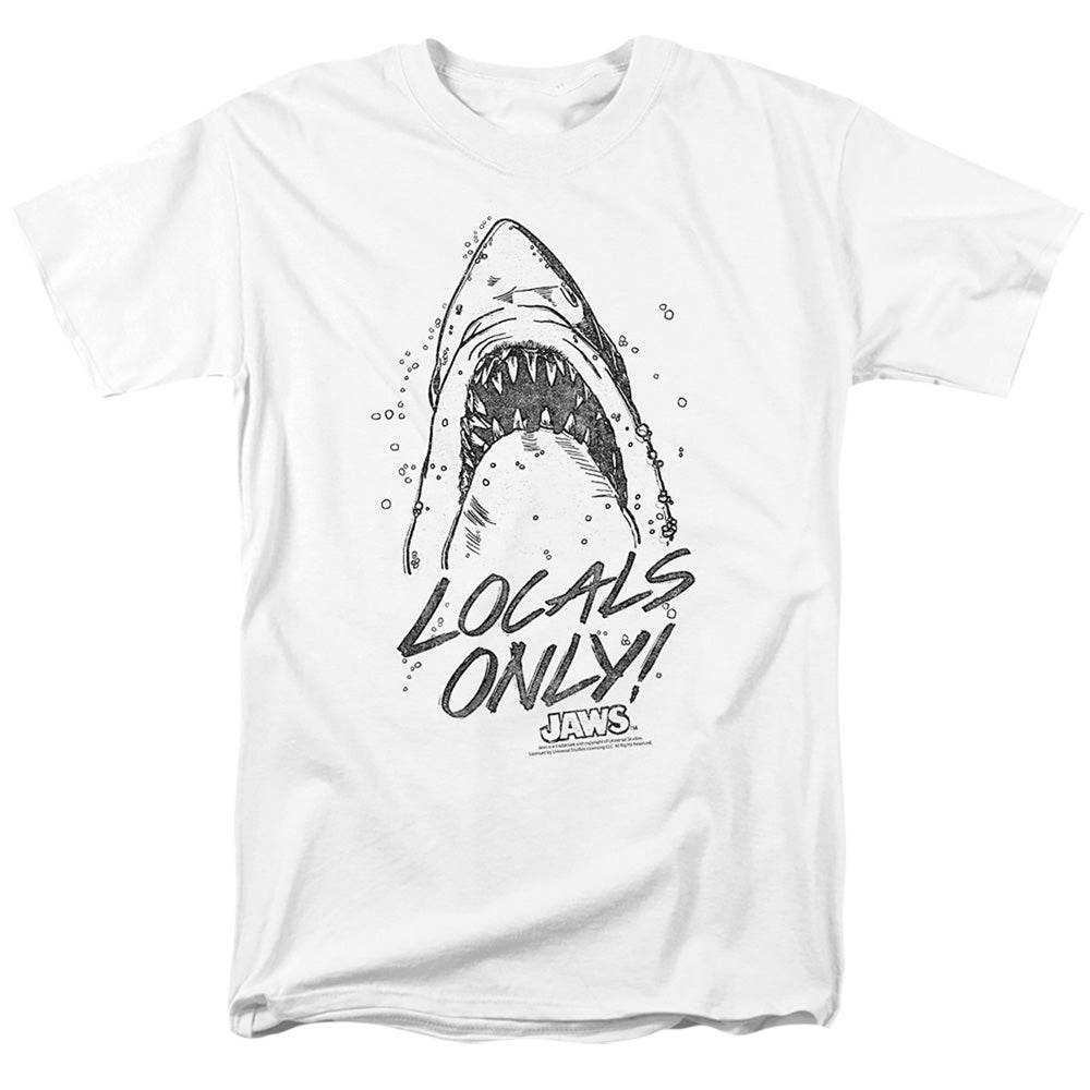 AN OFFCIALLY LICENSED JAWS LOCALS ONLY MEN'S REGULAR FIT T-SHIRT WHITE