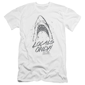 AN OFFCIALLY LICENSED JAWS LOCALS ONLY MEN'S PREMIUM SLIM FIT T-SHIRT WHITE