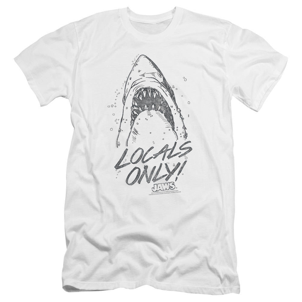 AN OFFCIALLY LICENSED JAWS LOCALS ONLY MEN'S PREMIUM SLIM FIT T-SHIRT WHITE