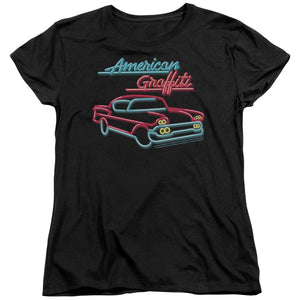 AN OFFCIALLY LICENSED AMERICAN GRAFITTI NEON WOMEN'S REGULAR FIT T-SHIRT BLACK