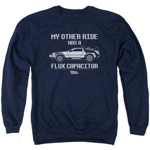 AN OFFCIALLY LICENSED BACK TO THE FUTURE OTHER RIDE ADULT UNISEX CREWNECK SWEATSHIRT NAVY