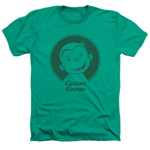 AN OFFCIALLY LICENSED CURIOUS GEORGE CLASSIC WINK MEN'S HEATHER T-SHIRT KELLY GREEN
