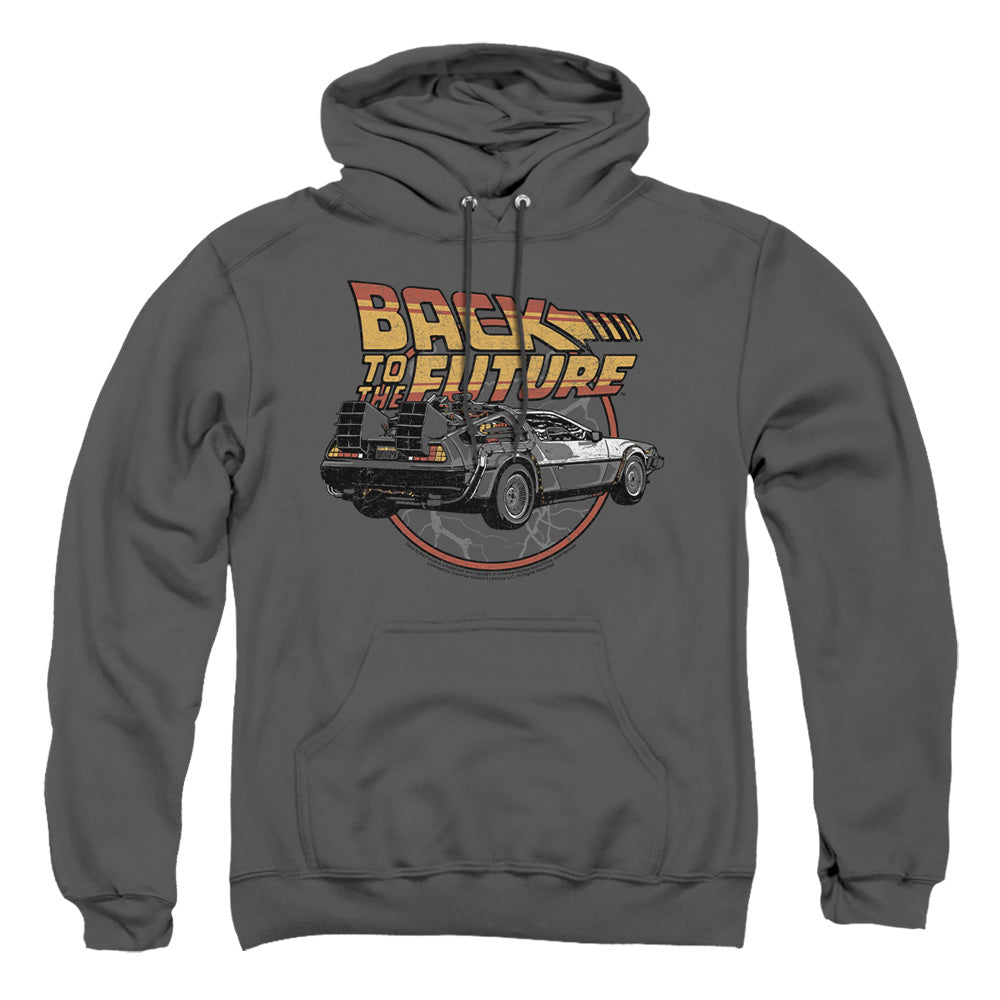 AN OFFCIALLY LICENSED BACK TO THE FUTURE TIME MACHINE ADULT UNISEX PULLOVER HOODIE CHARCOAL