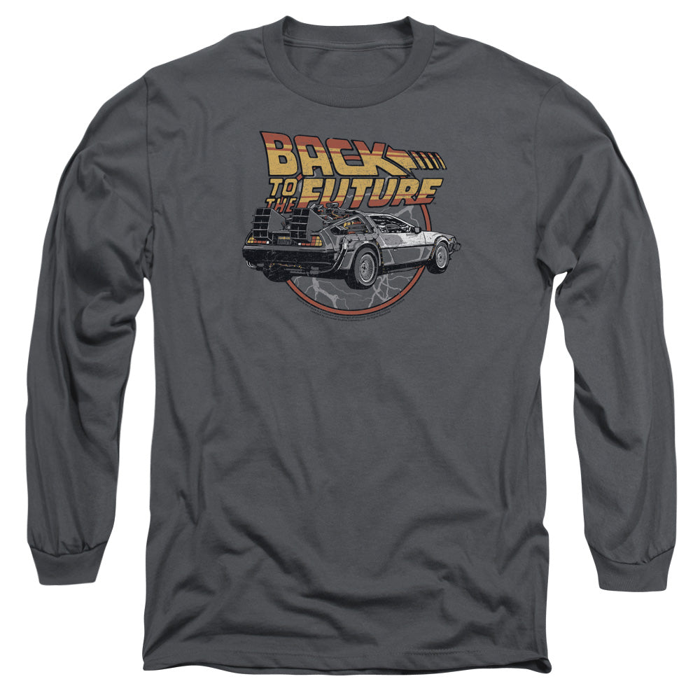 AN OFFCIALLY LICENSED BACK TO THE FUTURE TIME MACHINE MEN'S LONG SLEEVE T-SHIRT CHARCOAL