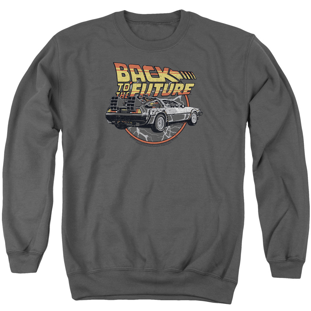AN OFFCIALLY LICENSED BACK TO THE FUTURE TIME MACHINE ADULT UNISEX CREWNECK SWEATSHIRT CHARCOAL
