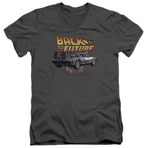 AN OFFCIALLY LICENSED BACK TO THE FUTURE TIME MACHINE MEN'S V-NECK T-SHIRT CHARCOAL