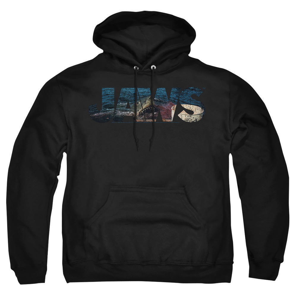 AN OFFCIALLY LICENSED JAWS LOGO CUTOUT ADULT UNISEX PULLOVER HOODIE BLACK