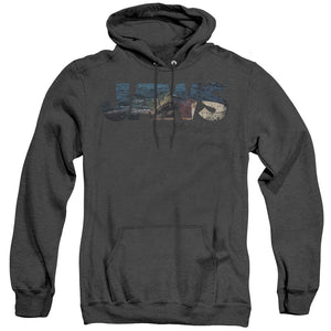 AN OFFCIALLY LICENSED JAWS LOGO CUTOUT ADULT UNISEX HEATHER PULLOVER HOODIE BLACK