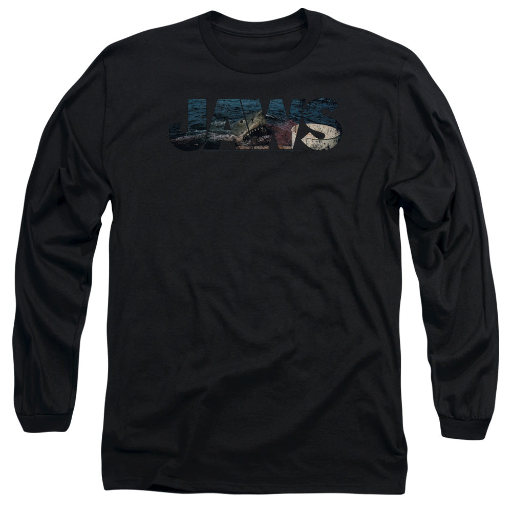 AN OFFCIALLY LICENSED JAWS LOGO CUTOUT MEN'S LONG SLEEVE T-SHIRT BLACK