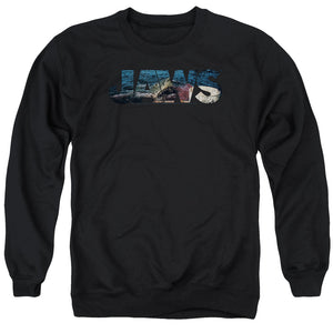 AN OFFCIALLY LICENSED JAWS LOGO CUTOUT ADULT UNISEX CREWNECK SWEATSHIRT BLACK