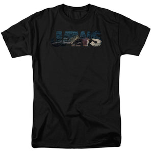 AN OFFCIALLY LICENSED JAWS LOGO CUTOUT MEN'S REGULAR FIT T-SHIRT BLACK