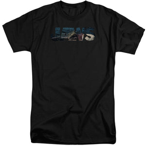 AN OFFCIALLY LICENSED JAWS LOGO CUTOUT MEN'S TALL FIT T-SHIRT BLACK