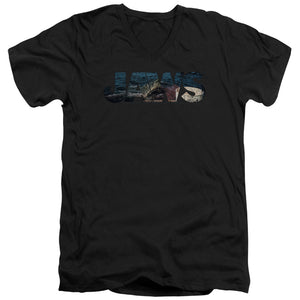 AN OFFCIALLY LICENSED JAWS LOGO CUTOUT MEN'S V-NECK T-SHIRT BLACK