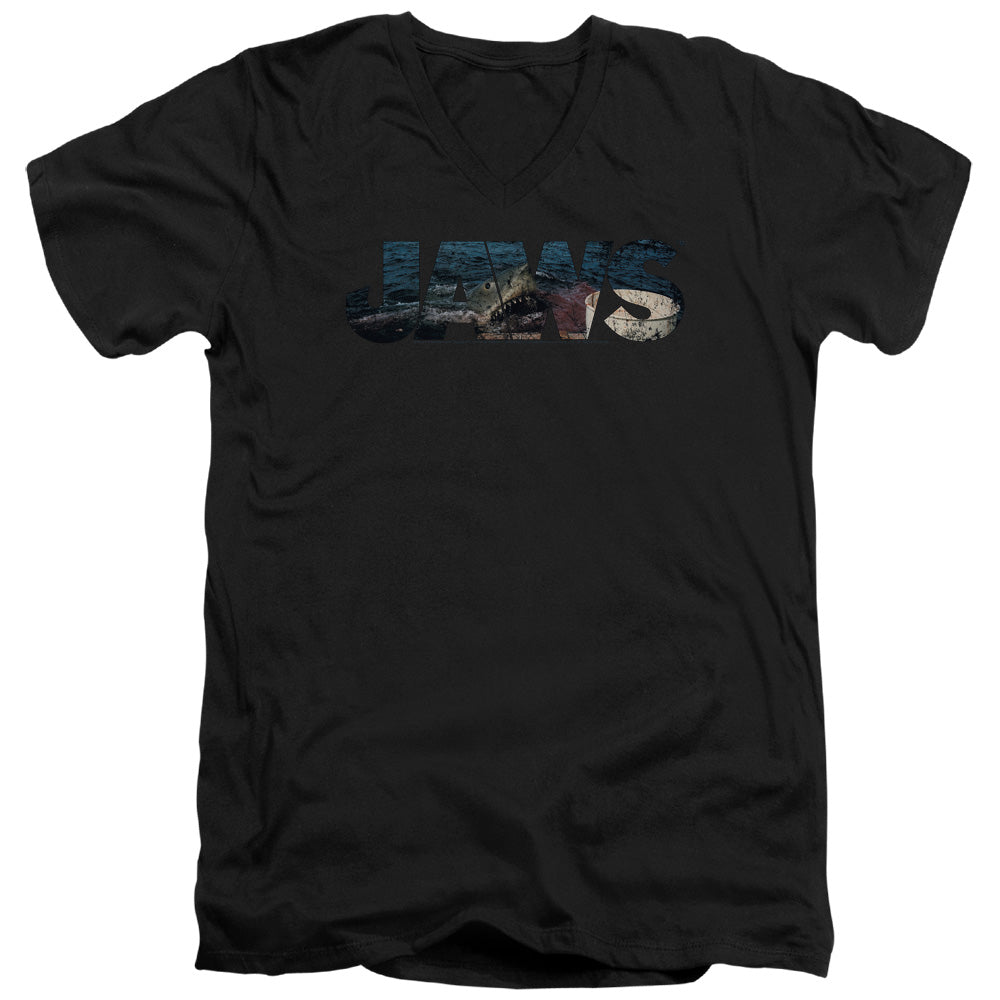AN OFFCIALLY LICENSED JAWS LOGO CUTOUT MEN'S V-NECK T-SHIRT BLACK