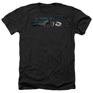 AN OFFCIALLY LICENSED JAWS LOGO CUTOUT MEN'S HEATHER T-SHIRT CHARCOAL