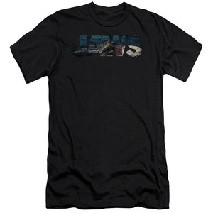AN OFFCIALLY LICENSED JAWS LOGO CUTOUT MEN'S PREMIUM SLIM FIT T-SHIRT BLACK