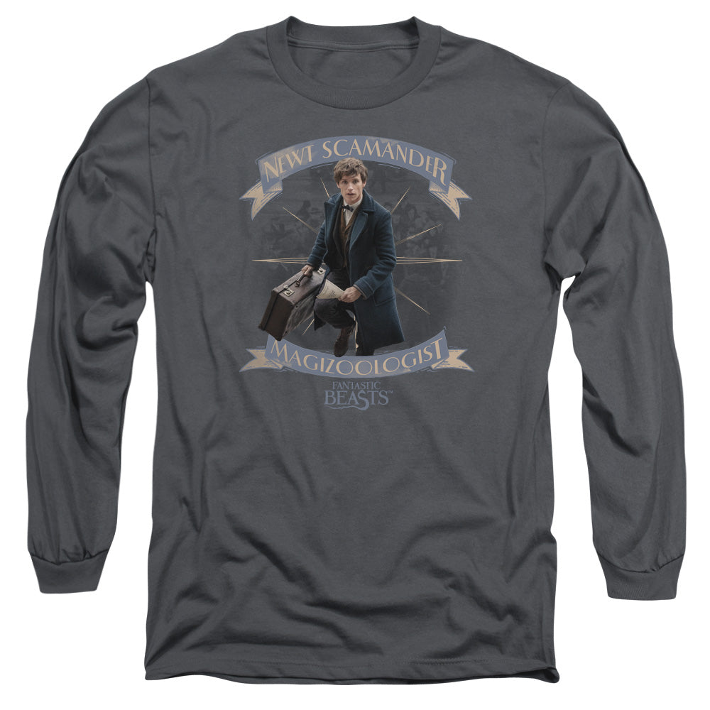 AN OFFCIALLY LICENSED FANTASTIC BEASTS NEWT SCAMANDER MEN'S LONG SLEEVE T-SHIRT CHARCOAL