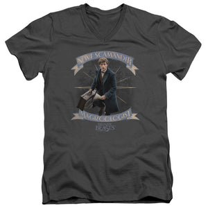 AN OFFCIALLY LICENSED FANTASTIC BEASTS NEWT SCAMANDER MEN'S V-NECK T-SHIRT CHARCOAL