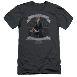 AN OFFCIALLY LICENSED FANTASTIC BEASTS NEWT SCAMANDER MEN'S PREMIUM SLIM FIT T-SHIRT CHARCOAL