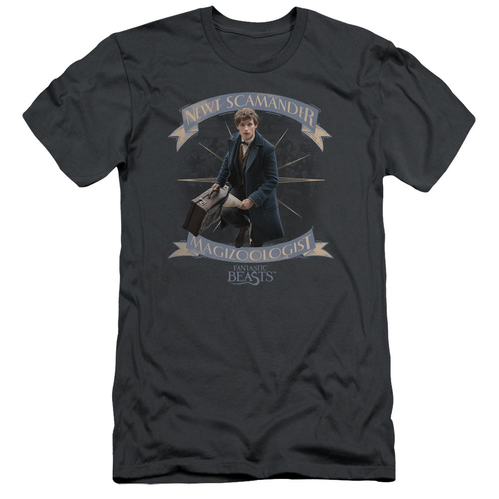 AN OFFCIALLY LICENSED FANTASTIC BEASTS NEWT SCAMANDER MEN'S PREMIUM SLIM FIT T-SHIRT CHARCOAL