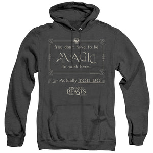 AN OFFCIALLY LICENSED FANTASTIC BEASTS MAGIC TO WORK HERE ADULT UNISEX HEATHER PULLOVER HOODIE BLACK