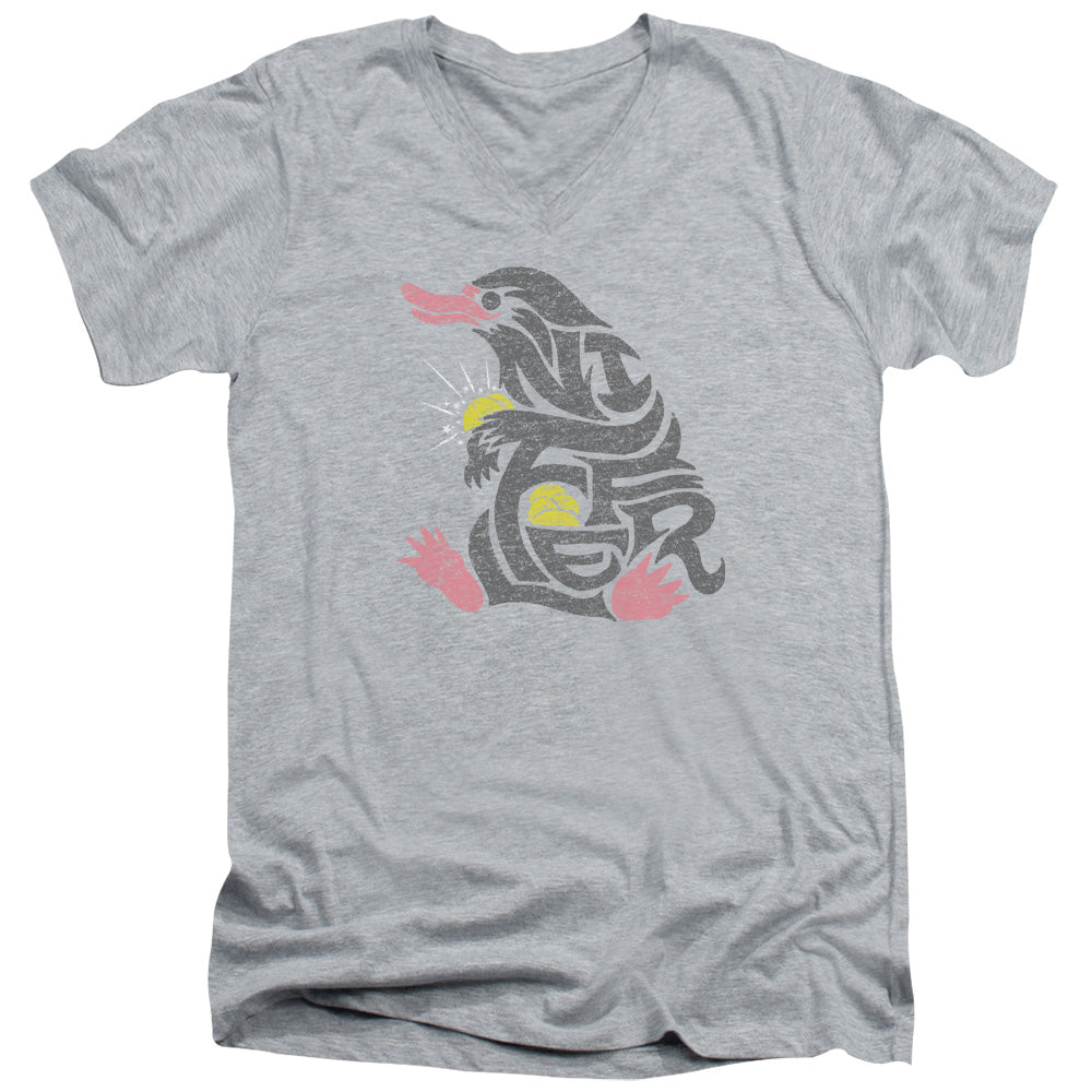 AN OFFCIALLY LICENSED FANTASTIC BEASTS NIFFLER MEN'S V-NECK T-SHIRT ATHLETIC HEATHER