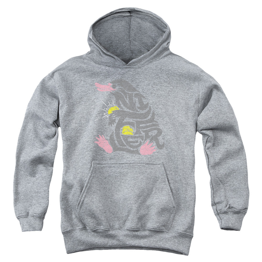 AN OFFCIALLY LICENSED FANTASTIC BEASTS NIFFLER YOUTH HOODIE ATHLETIC HEATHER