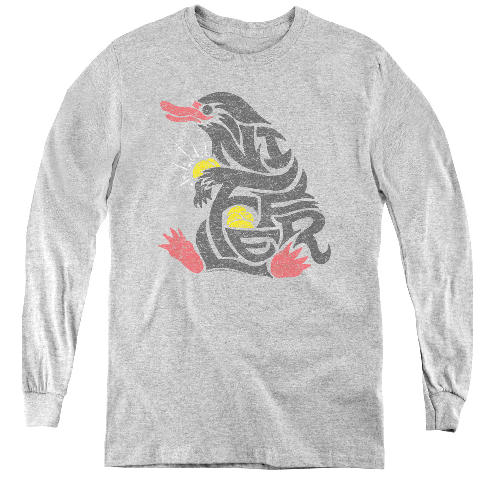 AN OFFCIALLY LICENSED FANTASTIC BEASTS NIFFLER YOUTH LONG SLEEVE T-SHIRT ATHLETIC HEATHER