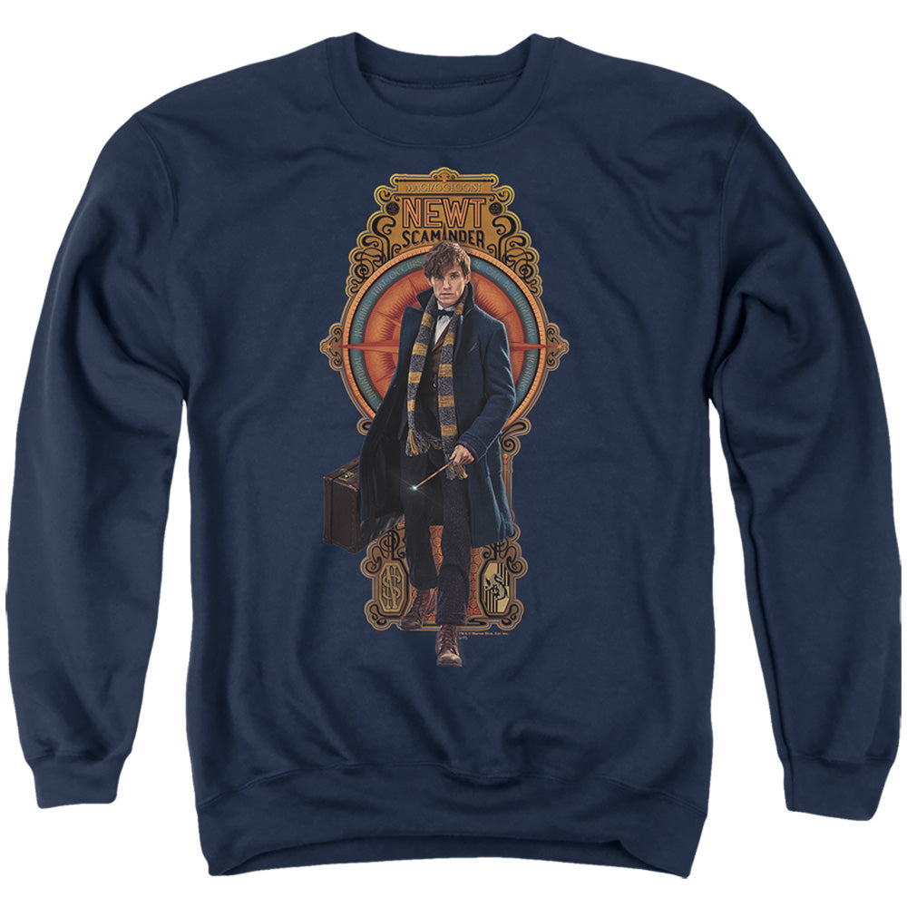 AN OFFCIALLY LICENSED FANTASTIC BEASTS NEWT SCAMANDER ADULT UNISEX CREWNECK SWEATSHIRT NAVY