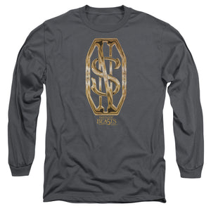 AN OFFCIALLY LICENSED FANTASTIC BEASTS SCAMANDER MONOGRAM MEN'S LONG SLEEVE T-SHIRT CHARCOAL