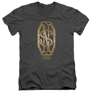 AN OFFCIALLY LICENSED FANTASTIC BEASTS SCAMANDER MONOGRAM MEN'S V-NECK T-SHIRT CHARCOAL