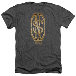 AN OFFCIALLY LICENSED FANTASTIC BEASTS SCAMANDER MONOGRAM MEN'S HEATHER T-SHIRT CHARCOAL
