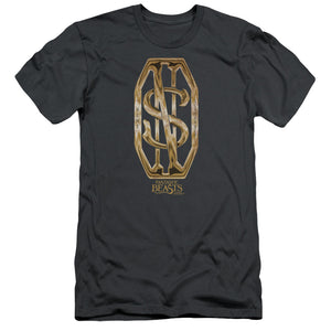 AN OFFCIALLY LICENSED FANTASTIC BEASTS SCAMANDER MONOGRAM MEN'S PREMIUM SLIM FIT T-SHIRT CHARCOAL