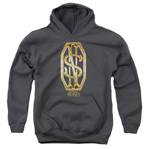AN OFFCIALLY LICENSED FANTASTIC BEASTS SCAMANDER MONOGRAM YOUTH HOODIE CHARCOAL