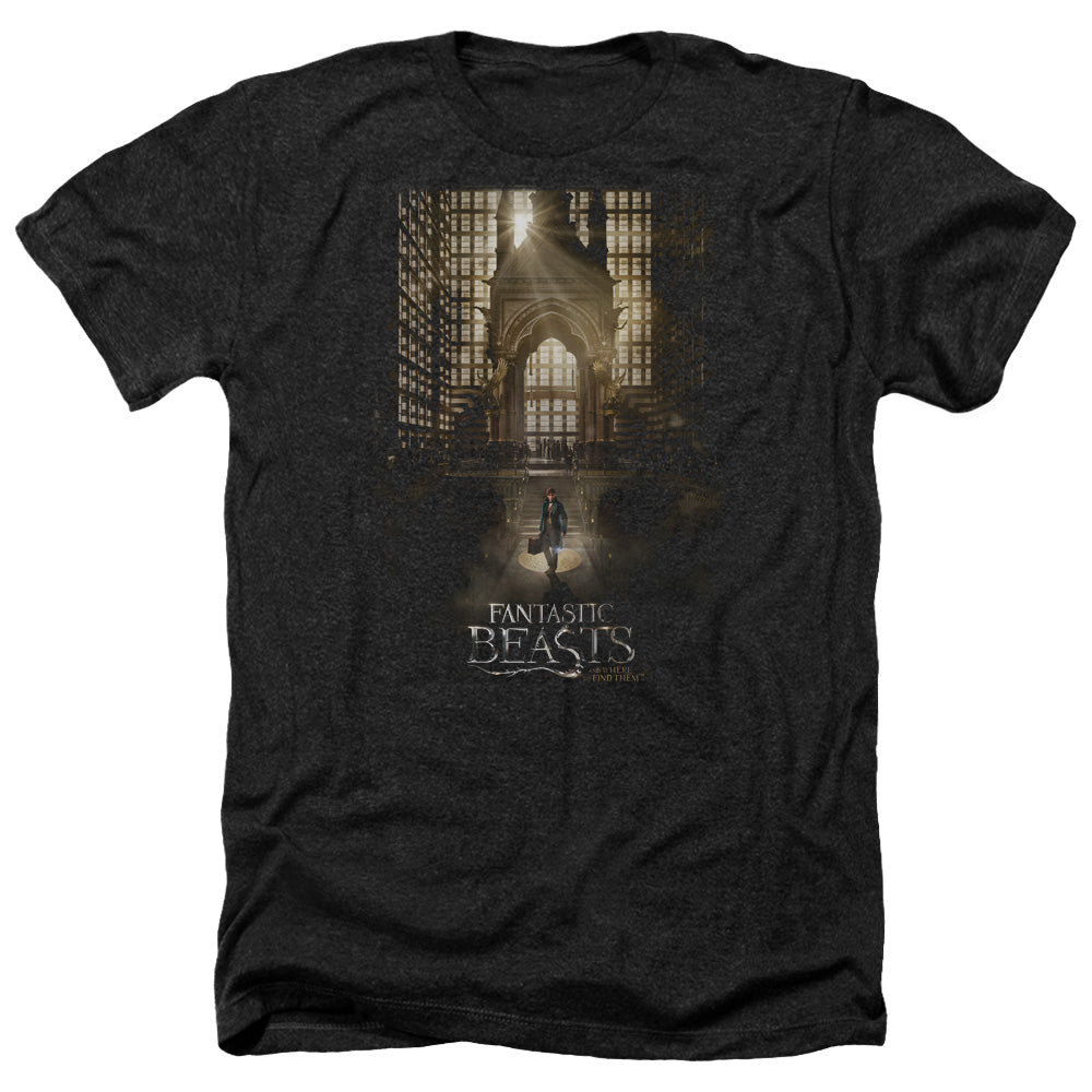 AN OFFCIALLY LICENSED FANTASTIC BEASTS POSTER MEN'S HEATHER T-SHIRT CHARCOAL