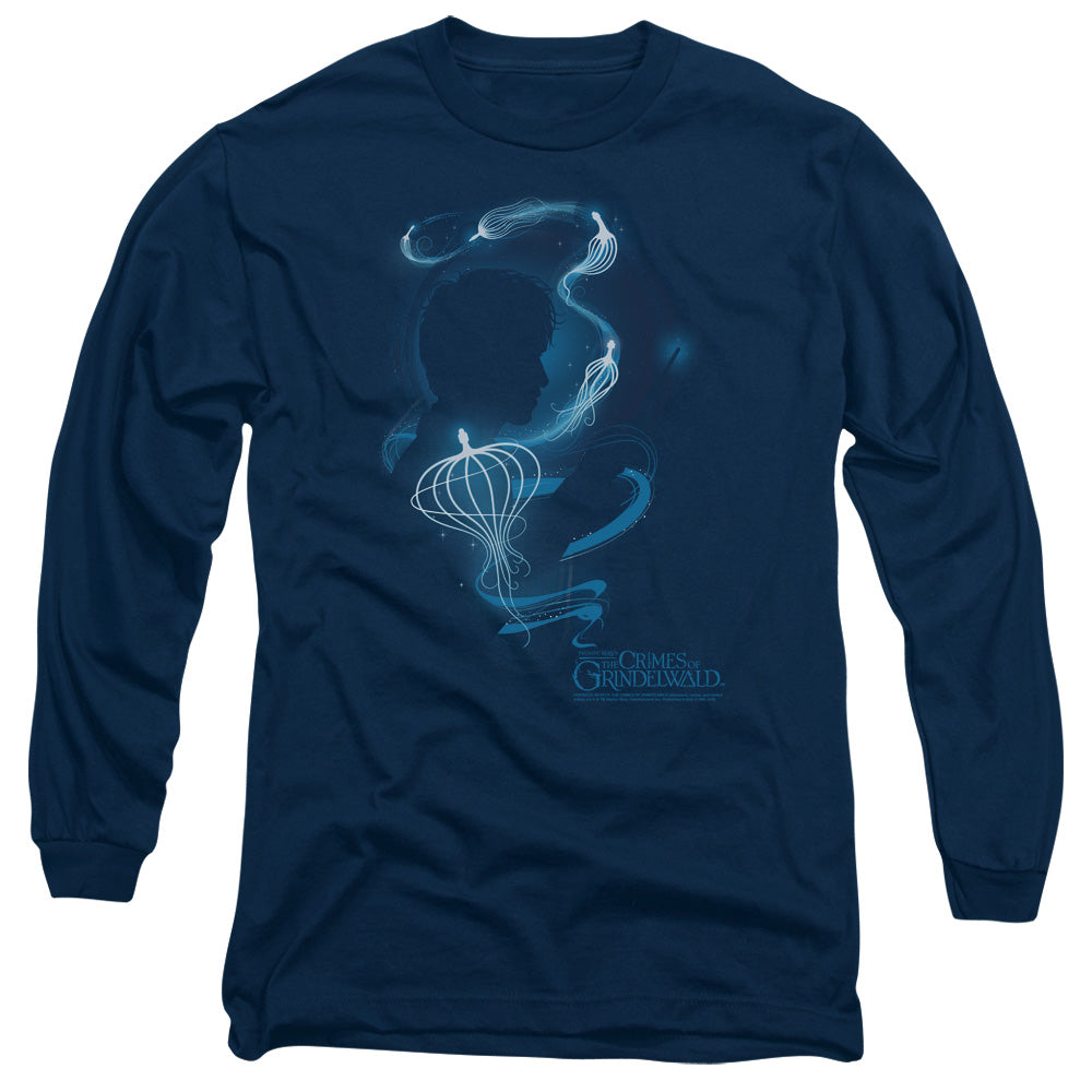 AN OFFCIALLY LICENSED FANTASTIC BEASTS 2 NEWT SILHOUETTE MEN'S LONG SLEEVE T-SHIRT NAVY