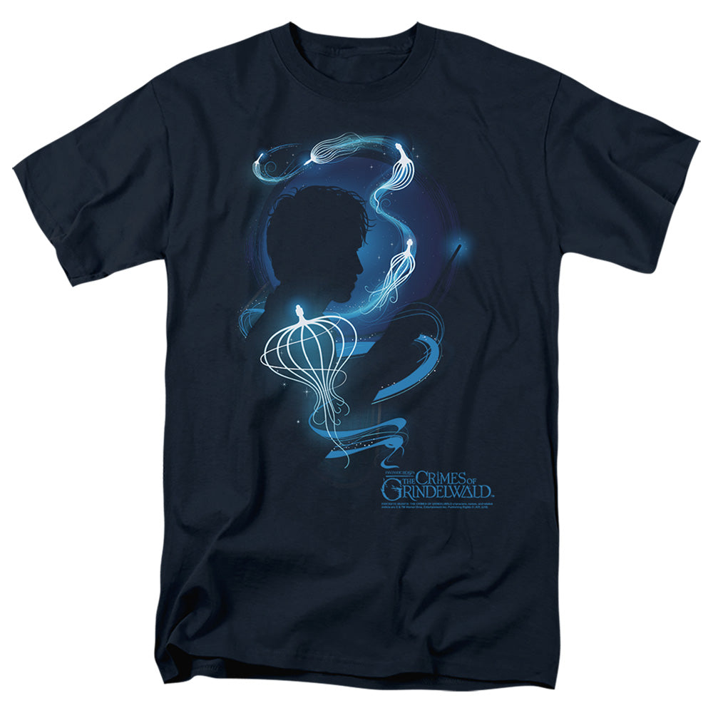 AN OFFCIALLY LICENSED FANTASTIC BEASTS 2 NEWT SILHOUETTE MEN'S REGULAR FIT T-SHIRT NAVY