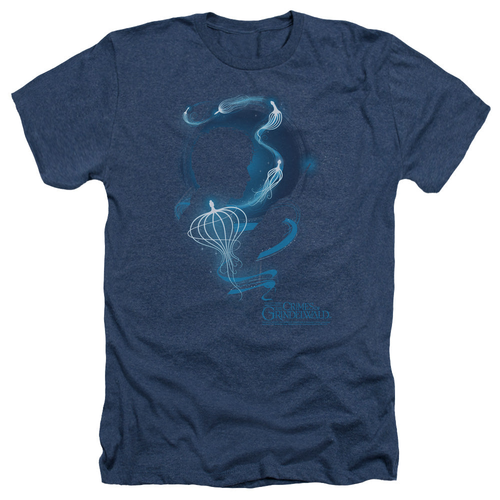 AN OFFCIALLY LICENSED FANTASTIC BEASTS 2 NEWT SILHOUETTE MEN'S HEATHER T-SHIRT NAVY