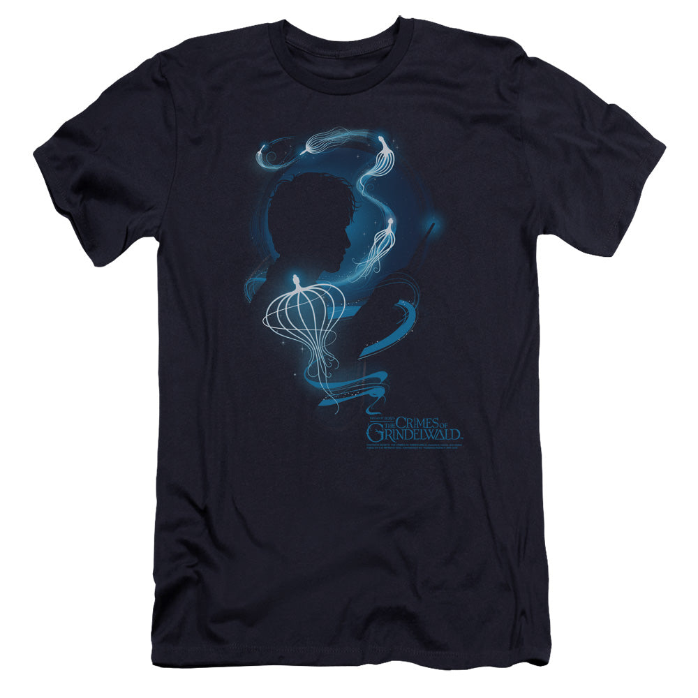 AN OFFCIALLY LICENSED FANTASTIC BEASTS 2 NEWT SILHOUETTE MEN'S PREMIUM SLIM FIT T-SHIRT NAVY
