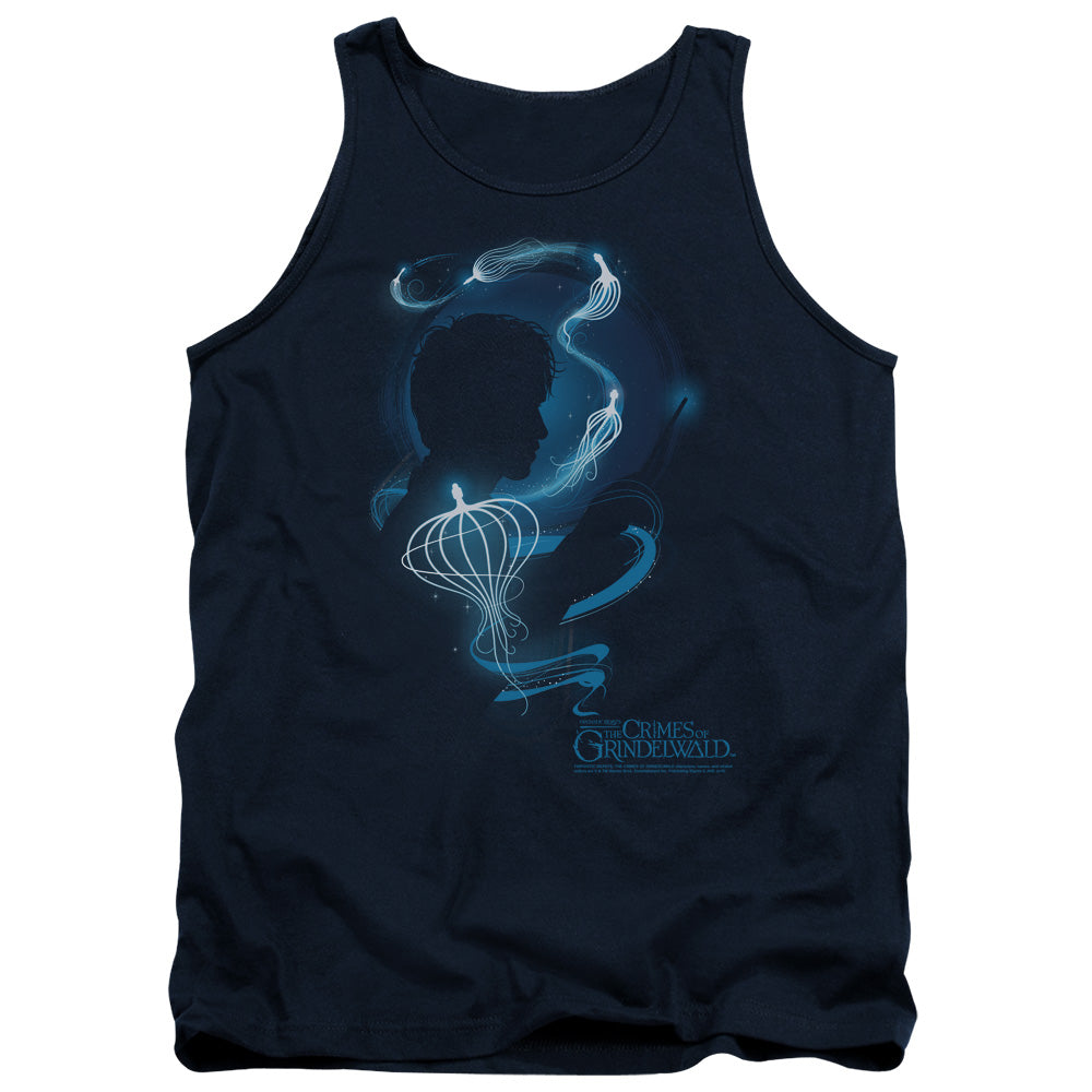 AN OFFCIALLY LICENSED FANTASTIC BEASTS 2 NEWT SILHOUETTE ADULT UNISEX TANK TOP NAVY