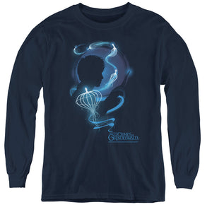 AN OFFCIALLY LICENSED FANTASTIC BEASTS 2 NEWT SILHOUETTE YOUTH LONG SLEEVE T-SHIRT NAVY