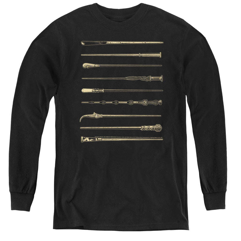 AN OFFCIALLY LICENSED FANTASTIC BEASTS 2 WANDS YOUTH LONG SLEEVE T-SHIRT BLACK