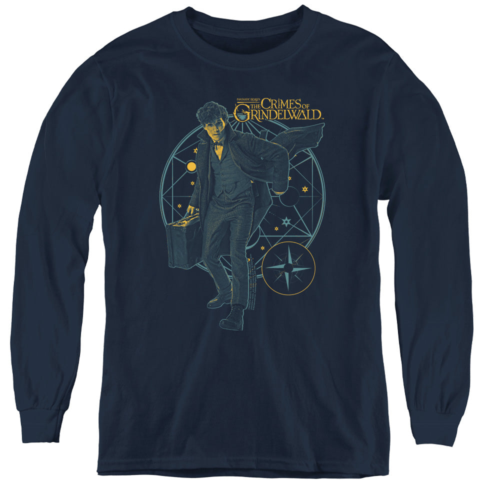 AN OFFCIALLY LICENSED FANTASTIC BEASTS 2 SUITCASE YOUTH LONG SLEEVE T-SHIRT NAVY