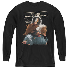 AN OFFCIALLY LICENSED FANTASTIC BEASTS 2 CUDDLE PUDDLE YOUTH LONG SLEEVE T-SHIRT BLACK