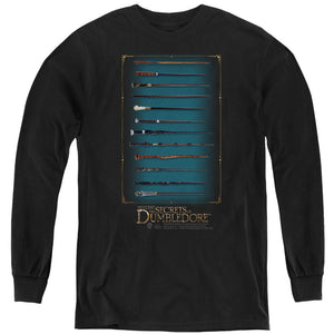 AN OFFCIALLY LICENSED FANTASTIC BEASTS THE SECRETS OF DUMBLEDORE WANDS YOUTH LONG SLEEVE T-SHIRT BLACK