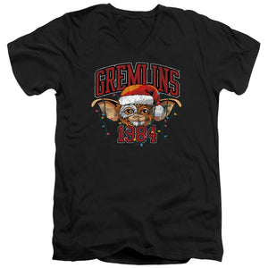 AN OFFCIALLY LICENSED GREMLINS VARSITY CHRISTMAS MEN'S V-NECK T-SHIRT BLACK